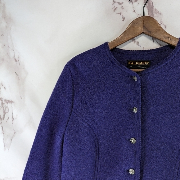Geiger Jacket Women Medium 40 Purple Boiled Wool Button Crop Retro Vintage - Picture 2 of 13